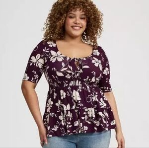 New Torrid 2X(18/20) Tie Front 3/4 Sleeve Babydoll Peplum Top- Plum Floral NWT